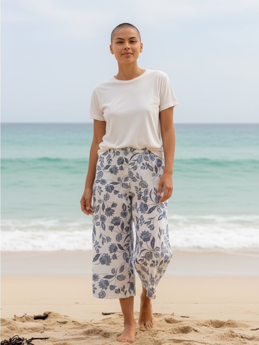 Ella moss Linen viscose Blue Floral Wide-Leg Pants
